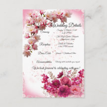 白背景のピンクの花の結婚式詳細カード