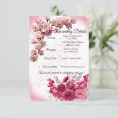 白背景のピンクの花の結婚式詳細カード エンクロージャーカード (スタンド正面)