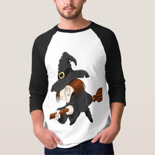 白背景のユーモラスな空飛ぶ魔女 Tシャツ (正面)