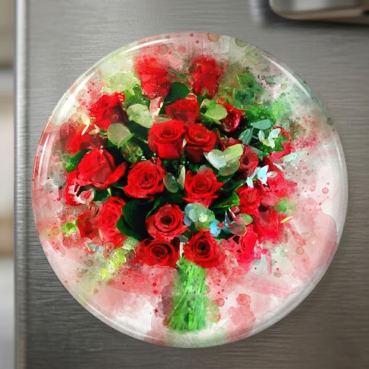 白背景の水彩赤バラの花束 マグネット