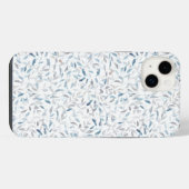 白背景の灰色と青の葉のボタニカル水彩画 iPhoneケース (裏面横)