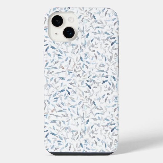 白背景の灰色と青の葉のボタニカル水彩画 iPhoneケース (裏面)