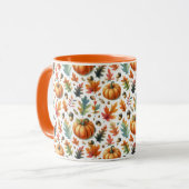 白背景の秋のフェスティブなパンプキンと葉 マグカップ (正面左)