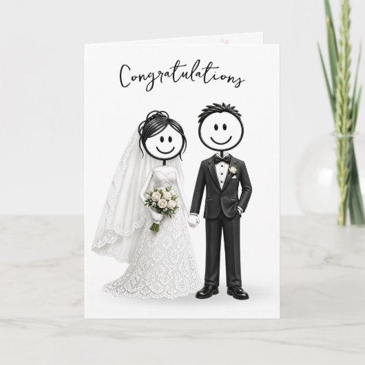 白背景の結婚式の棒人間 カード (正面)
