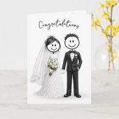白背景の結婚式の棒人間 カード (黄色い花)