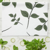 白背景の緑の葉の付いた枝 キッチンタオル (折り畳み)