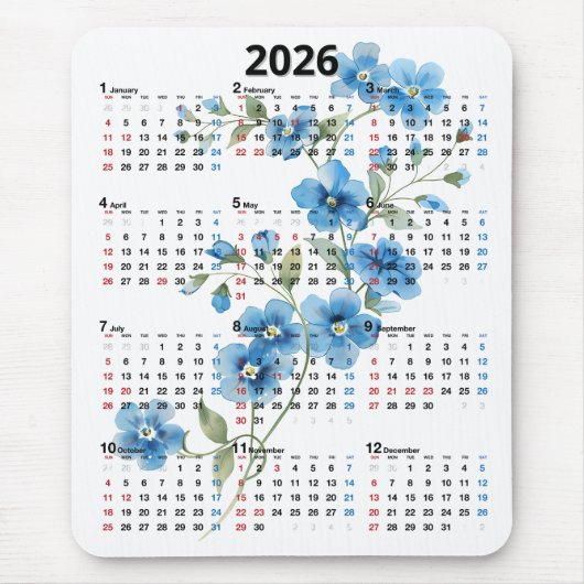 白背景の青い花 2026年カレンダー マウスパッド (正面)