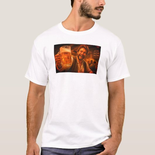 白背景の「Good Beer Good Times Good Friends」 Tシャツ (正面)