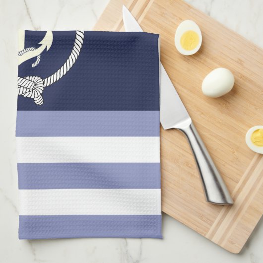 白航海のいかり/ネイビーノット/青/白ストライプ色 キッチンタオル (四つ折り)