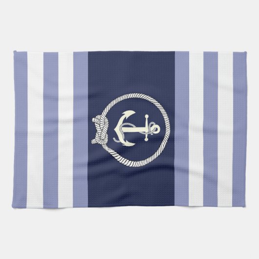 白航海のいかり/ネイビーノット/青/白ストライプ色 キッチンタオル (横)