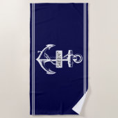 白航海のいかり、名前と行ネイビーブルー ビーチタオル (正面)