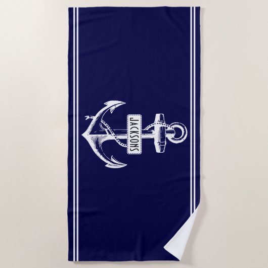 白航海のいかり、名前と行ネイビーブルー ビーチタオル (正面)