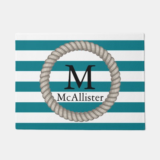 白航海のいロープのストライプ白いパーソナライズされた ドアマット (正面)