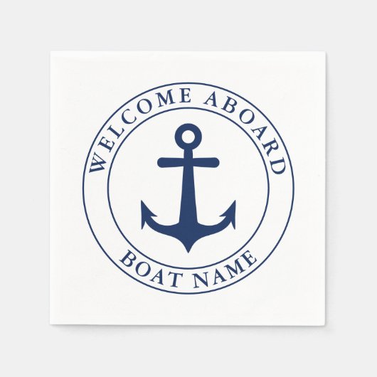 白航海のネイビーブルーいかりボート名 スタンダードカクテルナプキン (正面)