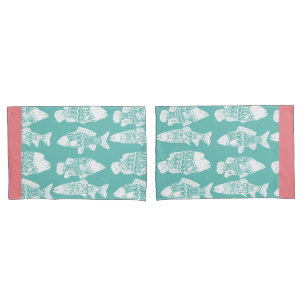 白航海のフローラパターン(の模様が)ある魚&コーラルピンク 枕カバー