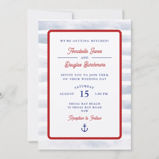 白航海の素朴ストライプ水結婚色 招待状 (正面)