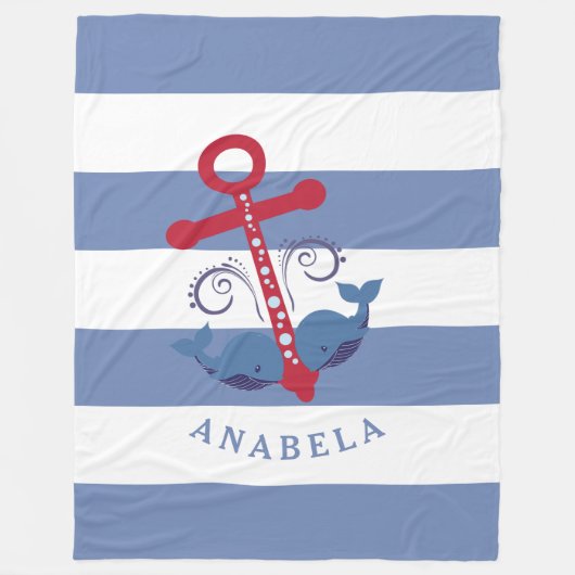 白航海の鯨の船いかりストライプ フリースブランケット (正面)