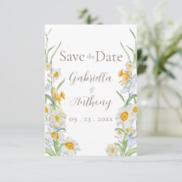 白色と黄色の水仙の花ブラウンのスクリプト セーブザデート