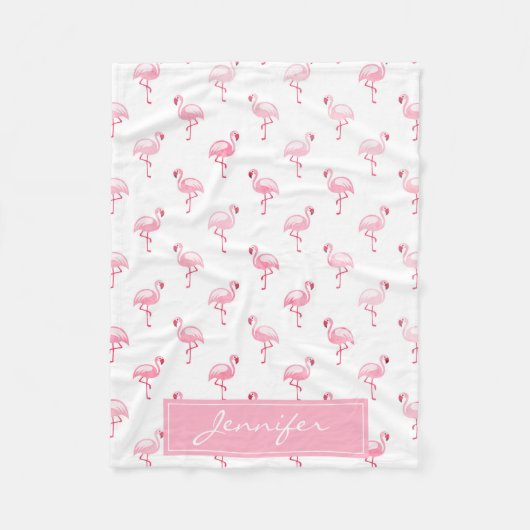 白色にモノグラムピンクの熱帯フラミンゴパターン フリースブランケット (正面)