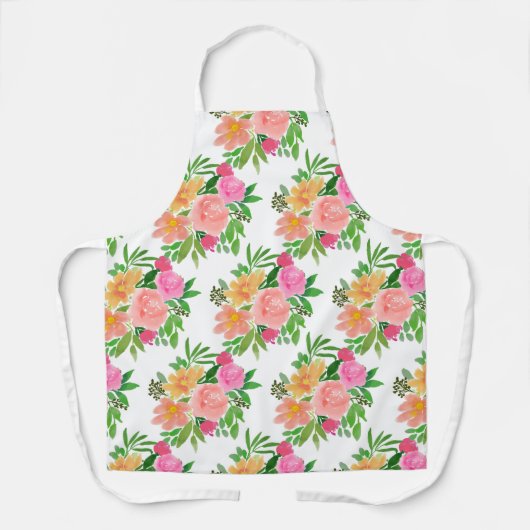 白色に水色のピンク色の花 エプロン (正面)