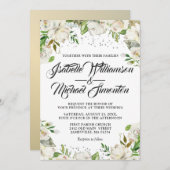白色のフローラと金ゴールドの水色結婚式招待状 招待状 (正面/裏面)