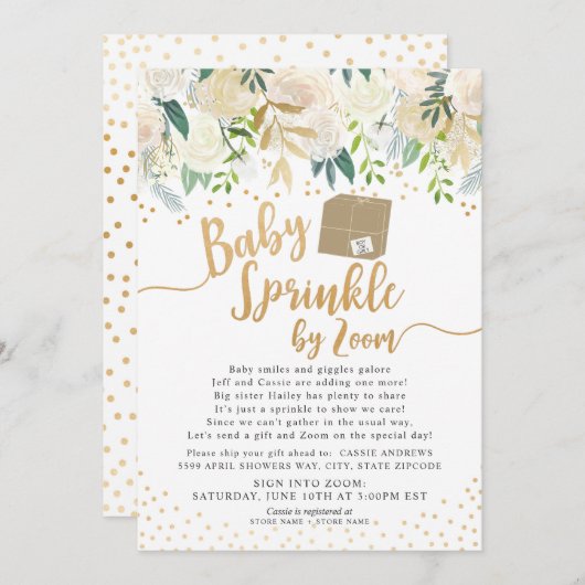 白色のフローラベビースプリンク（ZOOMベビーシャワー） 招待状 (正面/裏面)