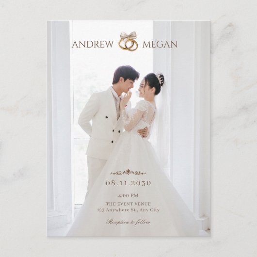 白色の写真結婚式招待状 ポストカード (正面)