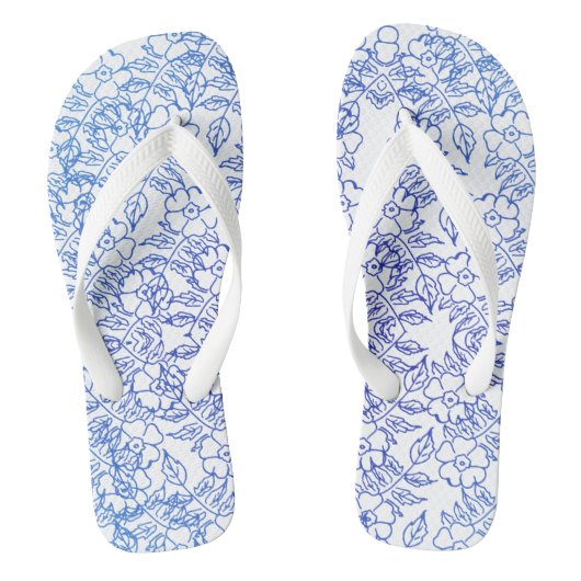 白色の青い花柄 ビーチサンダル (フットベッド)