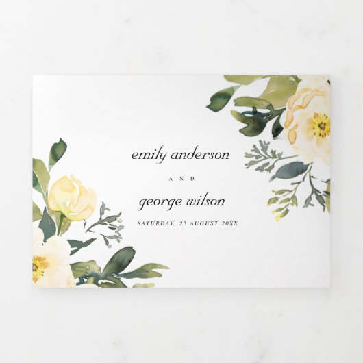 白色イエロー牡丹フローラ水色結婚の 三つ折り招待状 (カバー)