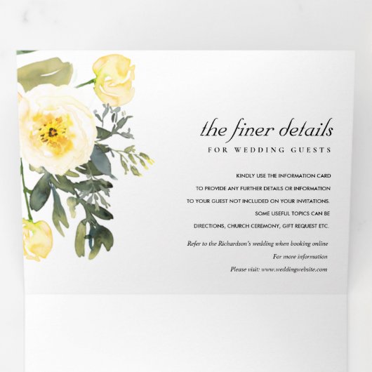 白色イエロー牡丹フローラ水色結婚の 三つ折り招待状 (内部最初)