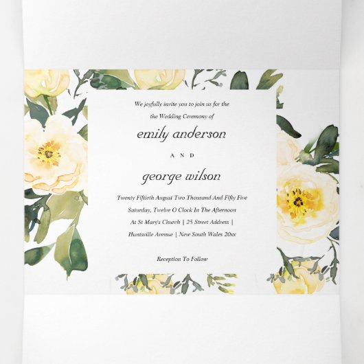 白色イエロー牡丹フローラ水色結婚の 三つ折り招待状 (内部中)