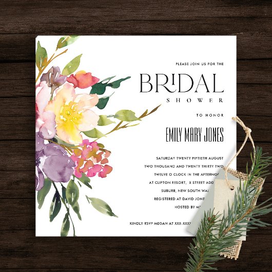 白色イエロー赤面ブルゴーニュフローラブライダルシャワー 招待状