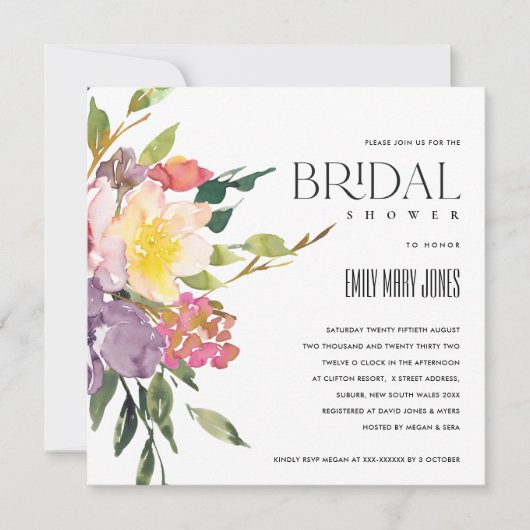 白色イエロー赤面ブルゴーニュフローラブライダルシャワー 招待状 (正面)