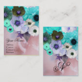 白色ティール(緑がかった色)ブルーバラとアネモネ花モノグラム 名刺 (正面/裏面)