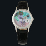 白色ティール（緑がかった色）ブルーバラ、アネモネ花モノグラム 腕時計<br><div class="desc">フローラエレガントウォッチ、アクアブルー、ターコイズ、ピンク色の白いバラとピンクの背景にアネモネのプリントされたピンクの宝石。</div>