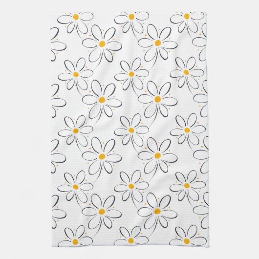 白色デイジーパターン キッチンタオル (縦)