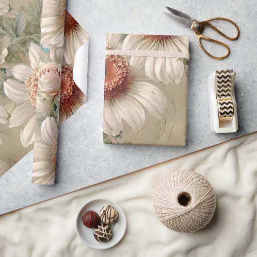 白色フローラエレガントデイジー ラッピングペーパー (クラフト)