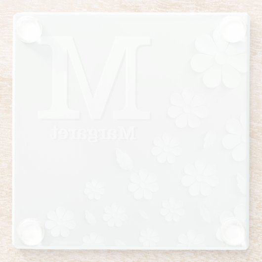 白色フローラエンボス名イニシャル パーソナライズされた ガラスコースター (裏面)