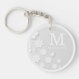 白色フローラエンボス名イニシャル パーソナライズされた キーホルダー