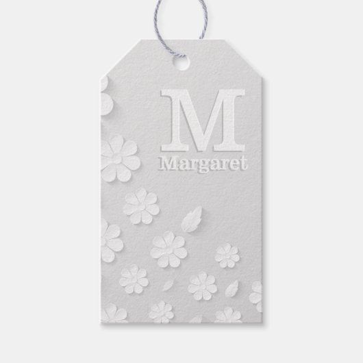 白色フローラエンボス名イニシャル パーソナライズされた ギフトタグ (正面)