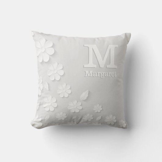 白色フローラエンボス名イニシャル パーソナライズされた クッション (正面)
