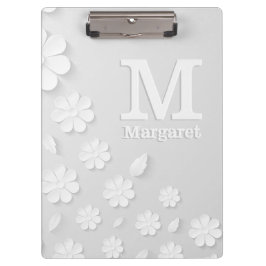 白色フローラエンボス名イニシャル パーソナライズされた クリップボード