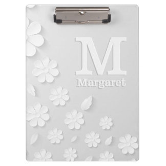 白色フローラエンボス名イニシャル パーソナライズされた クリップボード