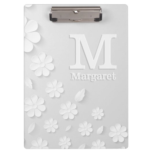 白色フローラエンボス名イニシャル パーソナライズされた クリップボード (正面)
