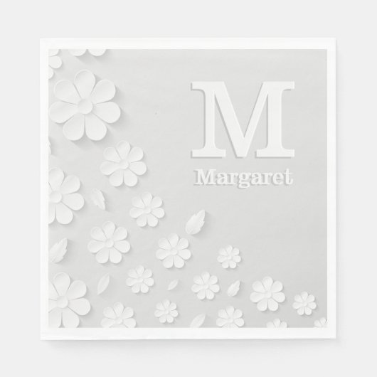白色フローラエンボス名イニシャル パーソナライズされた スタンダードランチョンナプキン (正面)