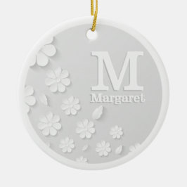白色フローラエンボス名イニシャル パーソナライズされた セラミックオーナメント