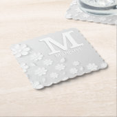 白色フローラエンボス名イニシャル パーソナライズされた ペーパーコースター (アングル)