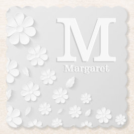 白色フローラエンボス名イニシャル パーソナライズされた ペーパーコースター