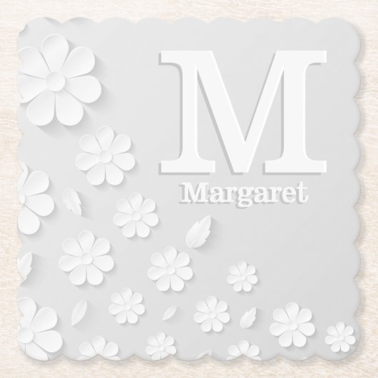 白色フローラエンボス名イニシャル パーソナライズされた ペーパーコースター (正面)