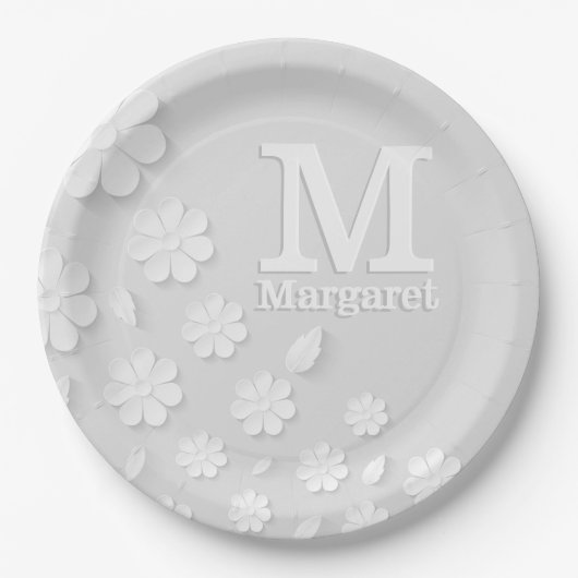 白色フローラエンボス名イニシャル パーソナライズされた ペーパープレート (正面)